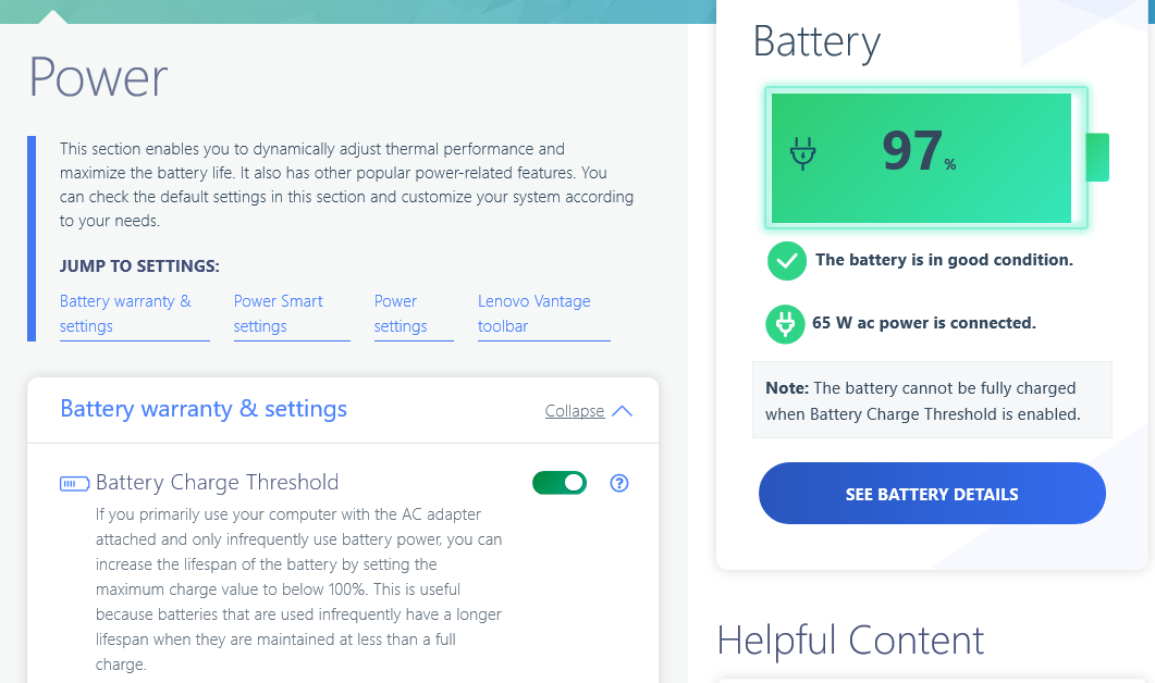 Battery Charge Threshold for Lenovo Vantage